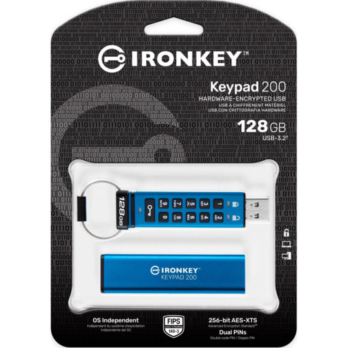USB флеш накопичувач Kingston 128GB IronKey Keypad 200 AES-256 Encrypted Blue USB 3.2 (IKKP200/128GB) - Фото 6