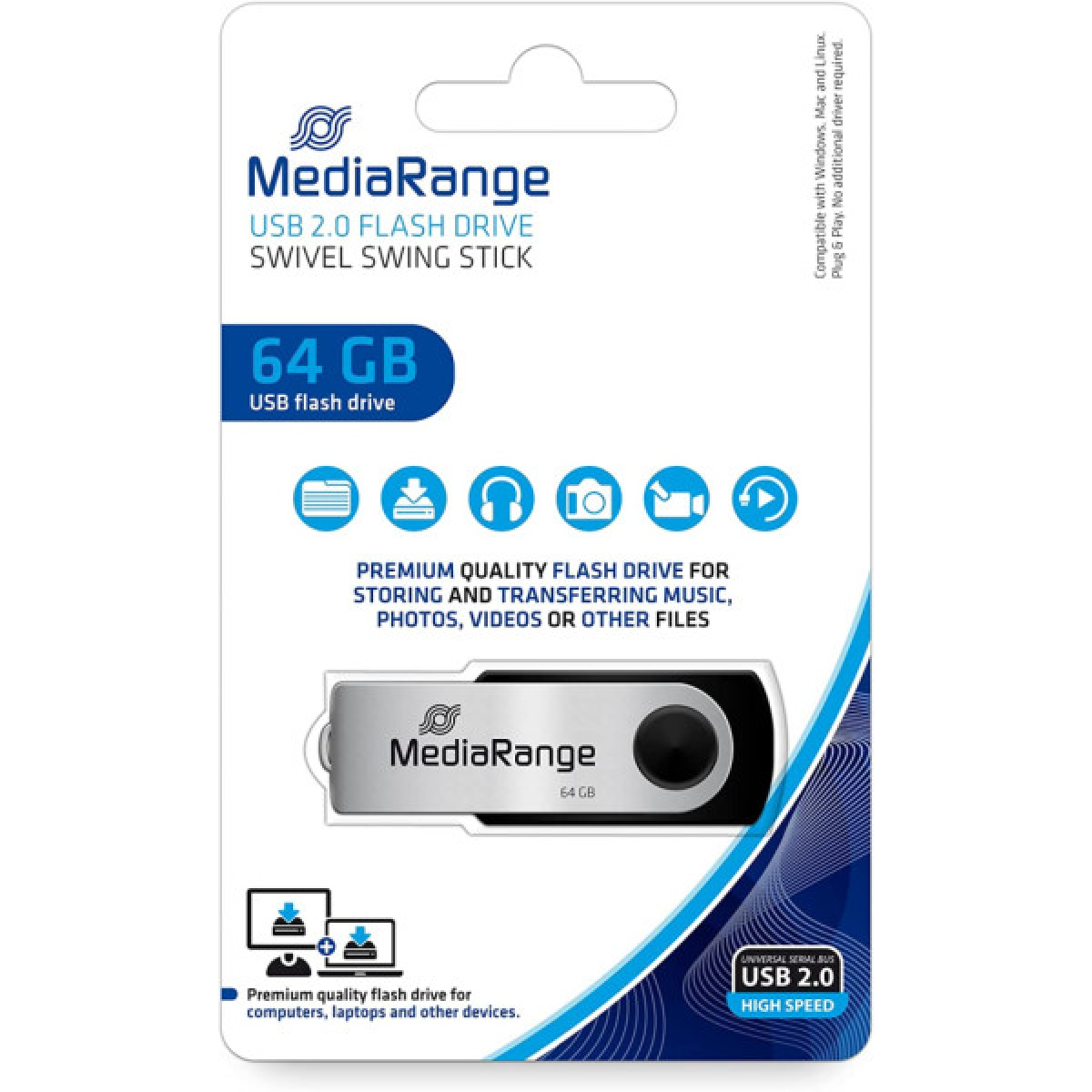 USB флеш накопитель Mediarange 64GB Black/Silver USB 2.0 (MR912) - Фото 3