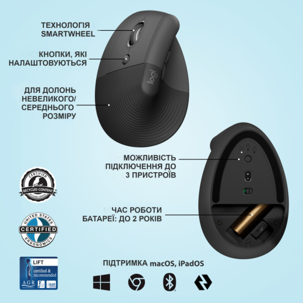 Мишка Logitech Lift Left Vertical Ergonomic Wireless/Bluetooth Graphite (910-006474) - Фото 6