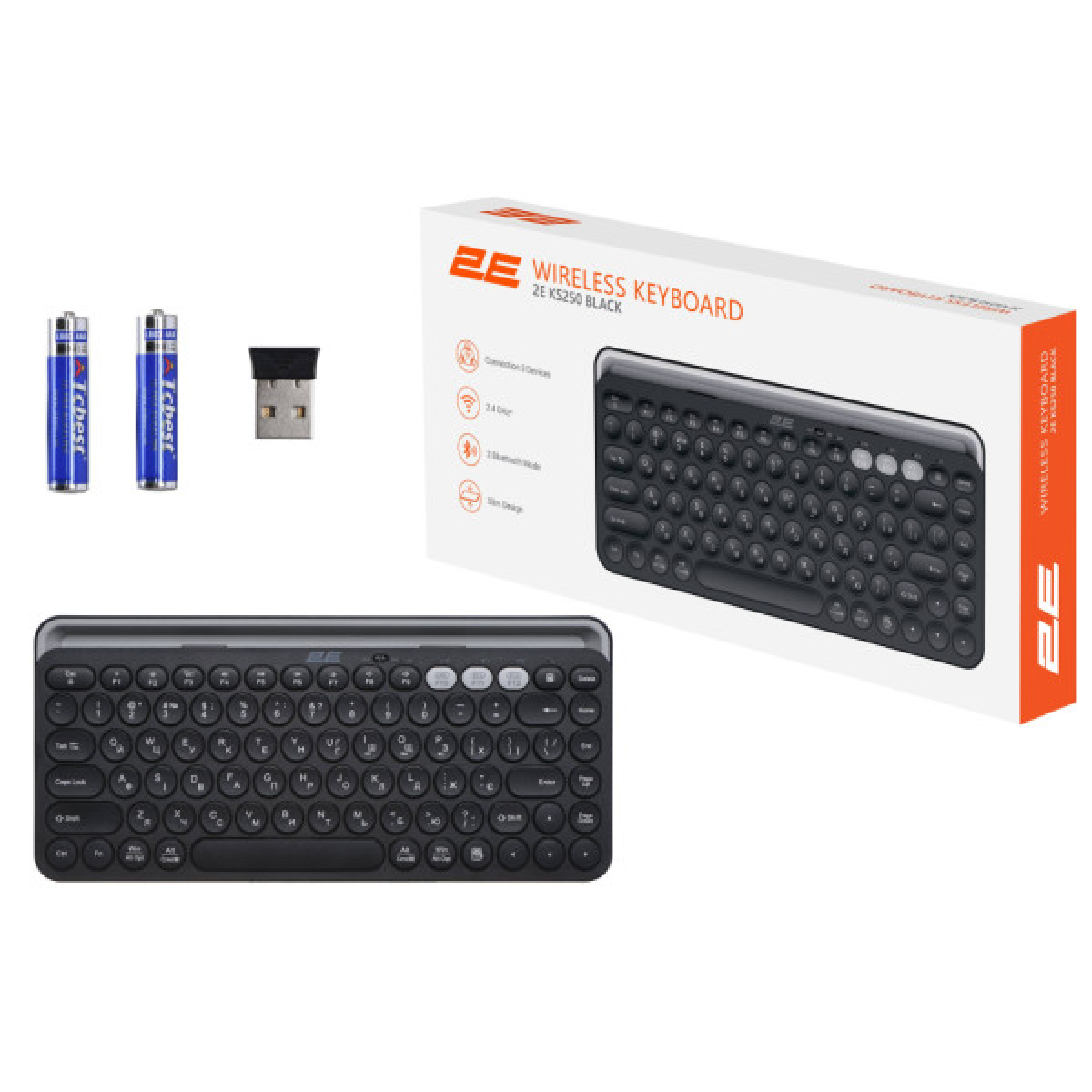 Клавіатура 2E KS250 Wireless USB/Bluetooth UA Black (2E-KS250WBK_UA) - Фото 9
