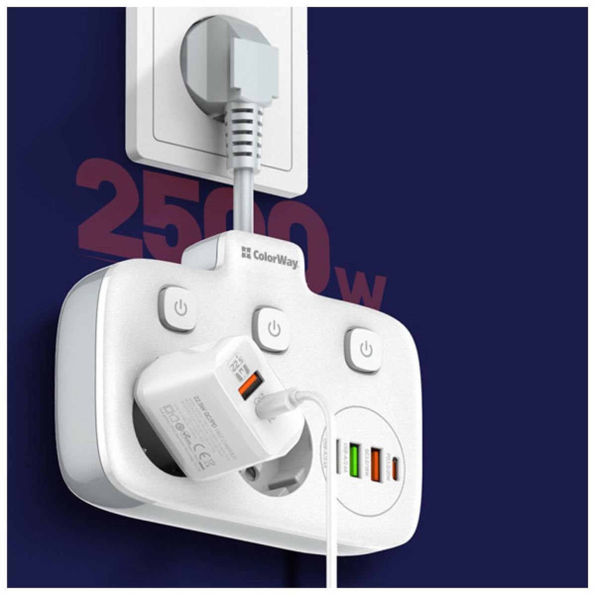 Мережевий фільтр живлення ColorWay CW-CHE24PDW 2 розетки/4USB (CW-CHE24PDW) - Фото 6