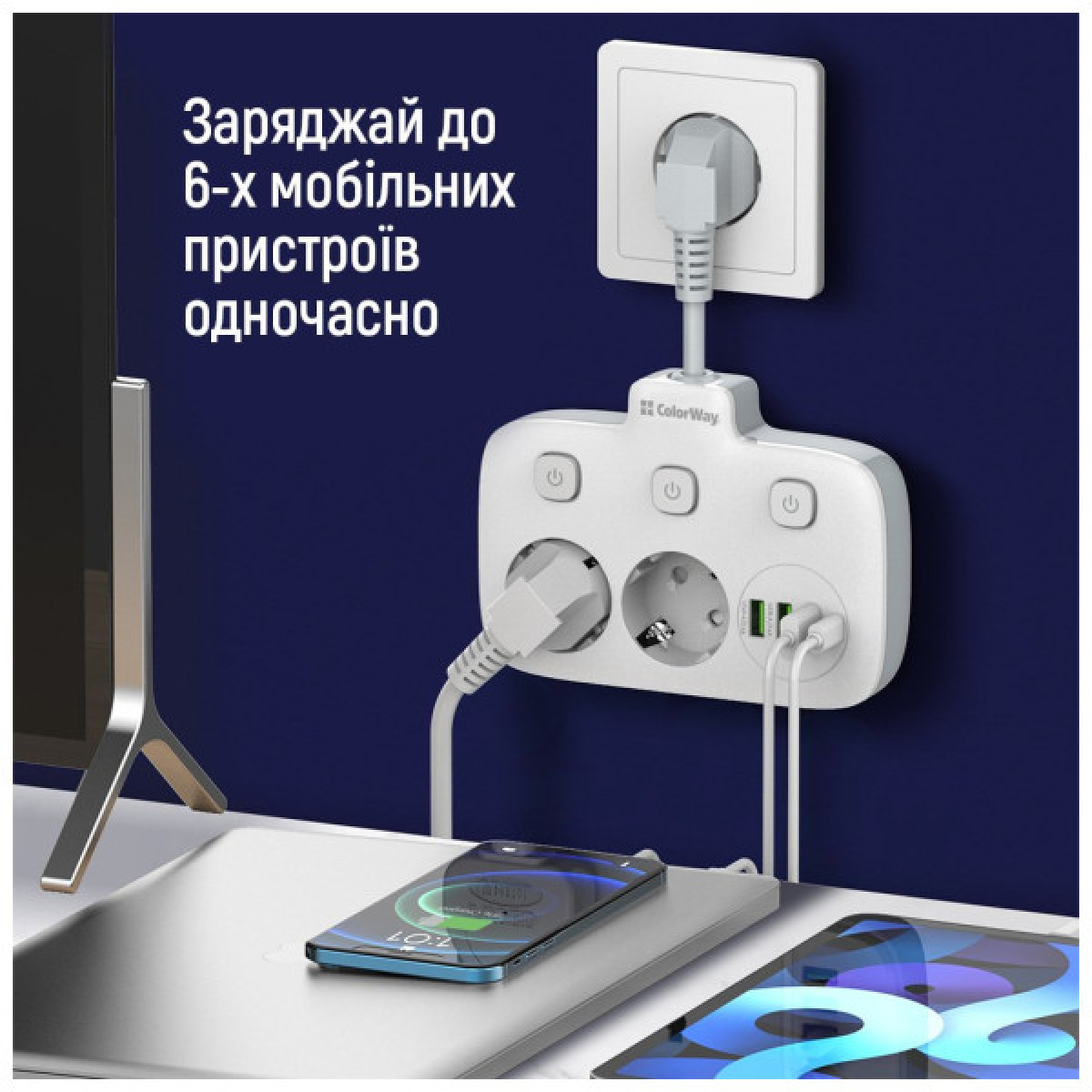 Мережевий фільтр живлення ColorWay CW-CHE24PDW 2 розетки/4USB (CW-CHE24PDW) - Фото 10