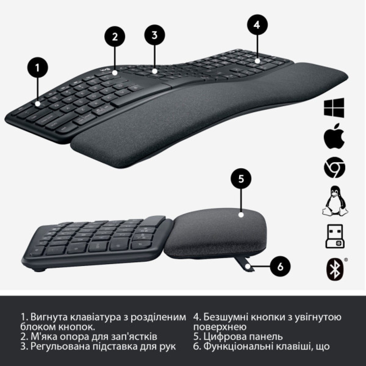 Клавиатура Logitech ERGO K860 Bluetooth/Wireless UA Black (920-010108) - Фото 6