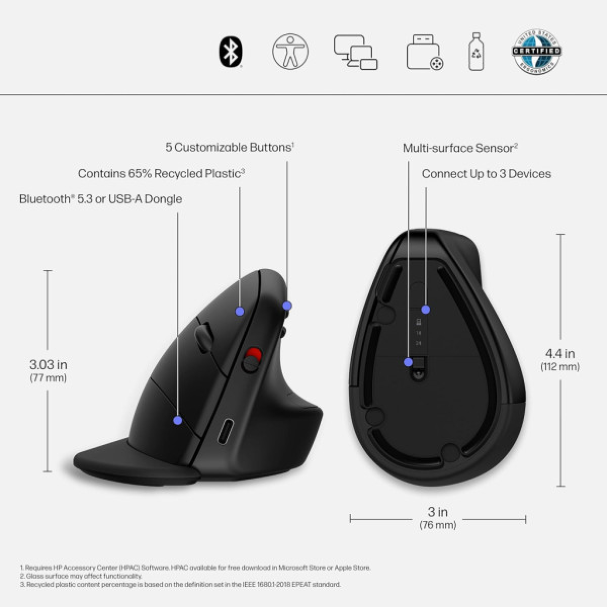 Мишка HP 920 Ergonomic Vertical Wireless/Bluetooth Black (6H1A4AA) - Фото 2